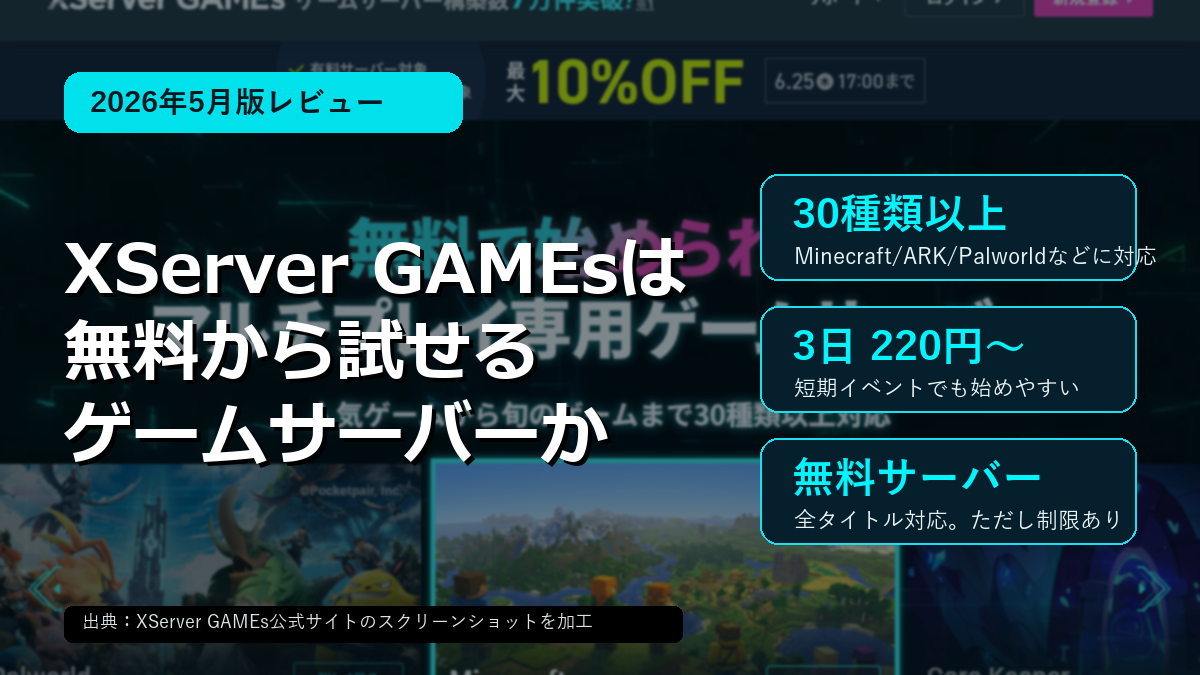 XServer GAMEsを無料サーバー・料金・対応ゲームの観点でレビューするアイキャッチ画像