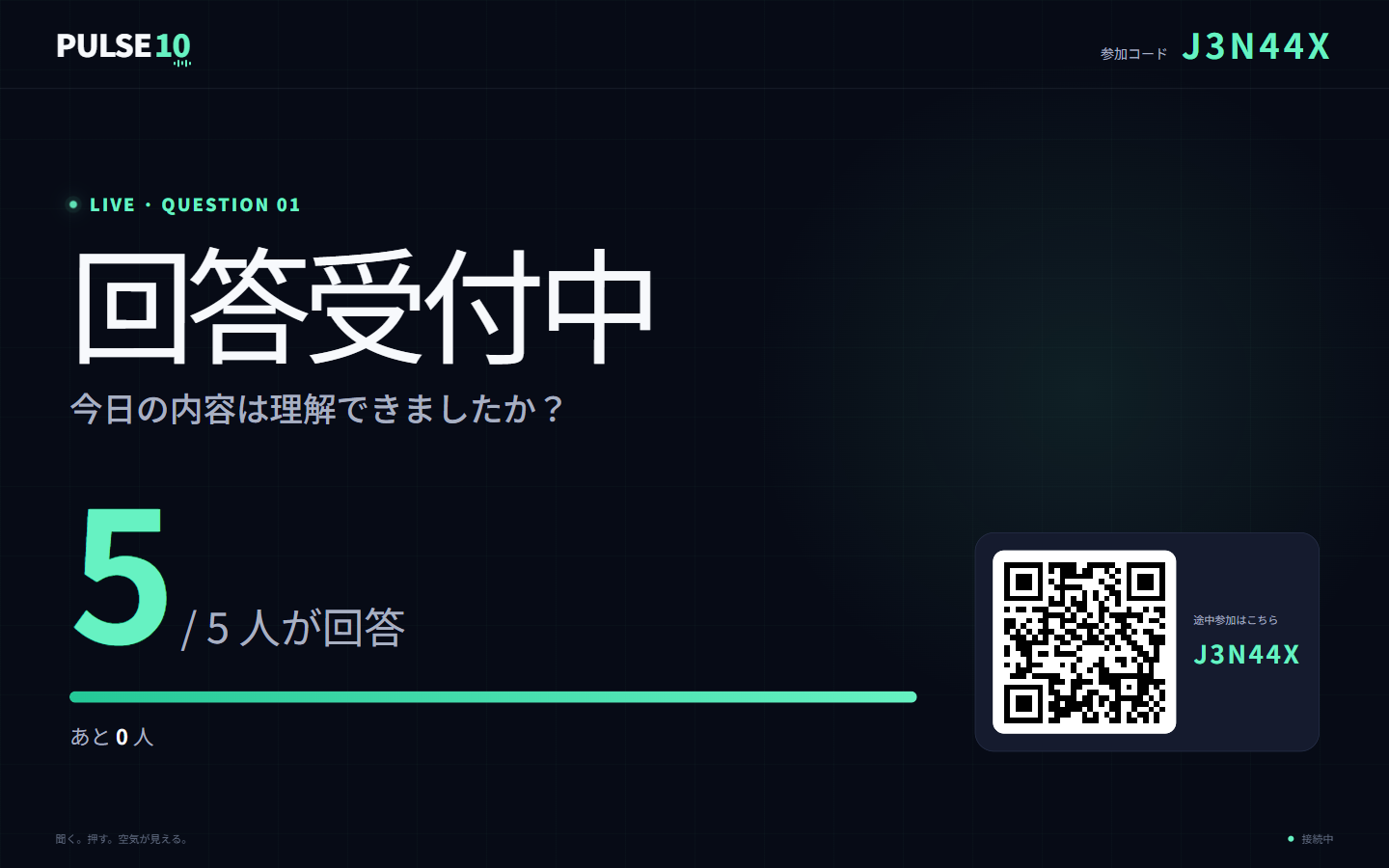 PULSE10の投票中会場画面。回答済み人数だけが表示され、分布は非表示