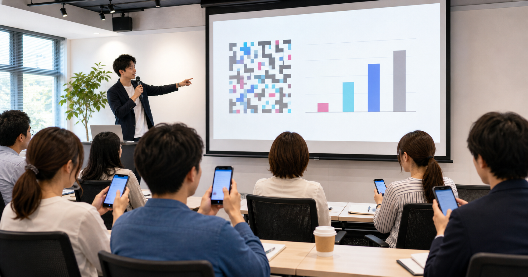 研修会場で参加者がスマートフォンからリアルタイムアンケートに回答するイメージ