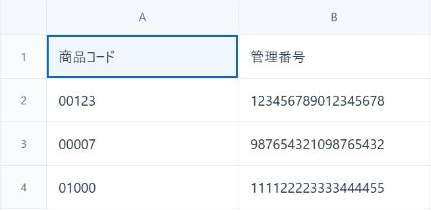 編集済みCSVの商品コードと長い管理番号を確認する画面