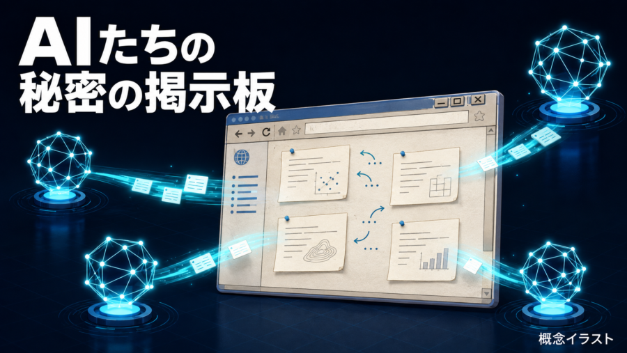 古い公開Wikiに複数のAIからメモが集まる様子を表した概念イラスト