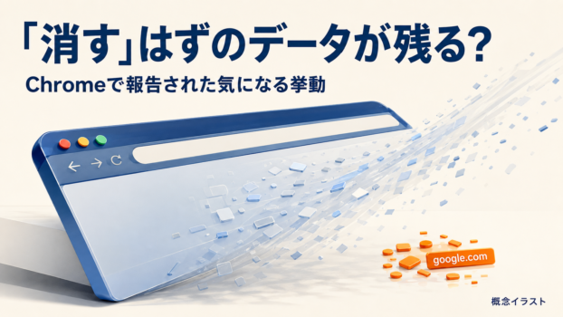 消去されるブラウザの横にgoogle.comのデータ片が残る様子を表した概念イラスト
