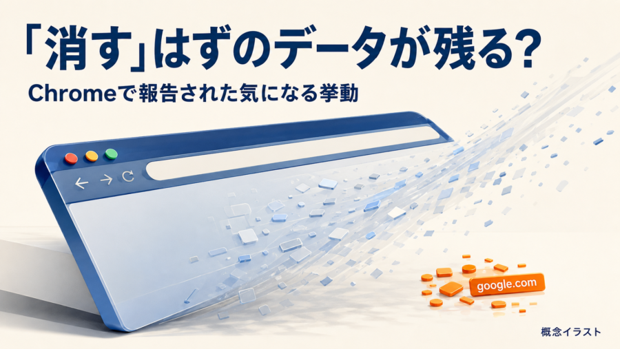 消去されるブラウザの横にgoogle.comのデータ片が残る様子を表した概念イラスト