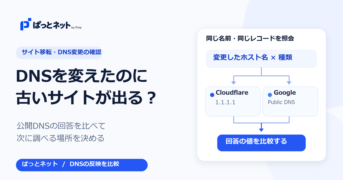 ぱっとネットで、同じホスト名とDNSレコードをCloudflareとGoogleの公開DNSに照会し、回答の値を比較する図