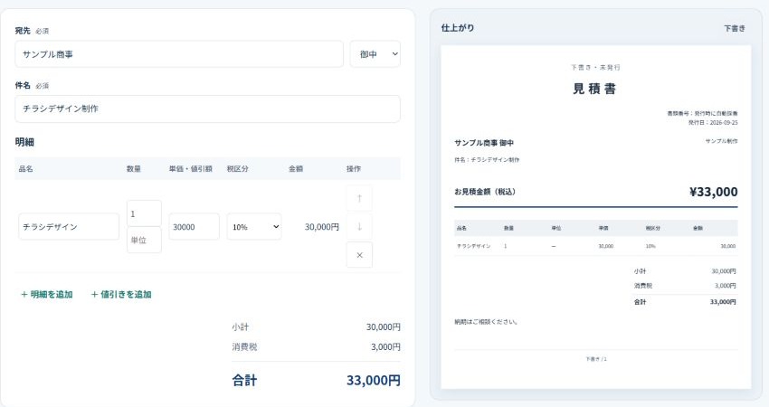 ぱっと見積書の実画面。宛先サンプル商事、明細30,000円、税3,000円、税込合計33,000円を入力欄とプレビューに表示