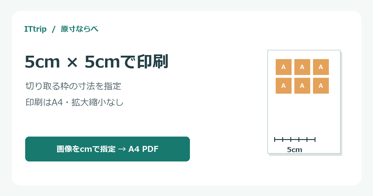 縦5cm・横5cmの枠をA4に配置し、印刷後に5cm目盛りを測る流れ