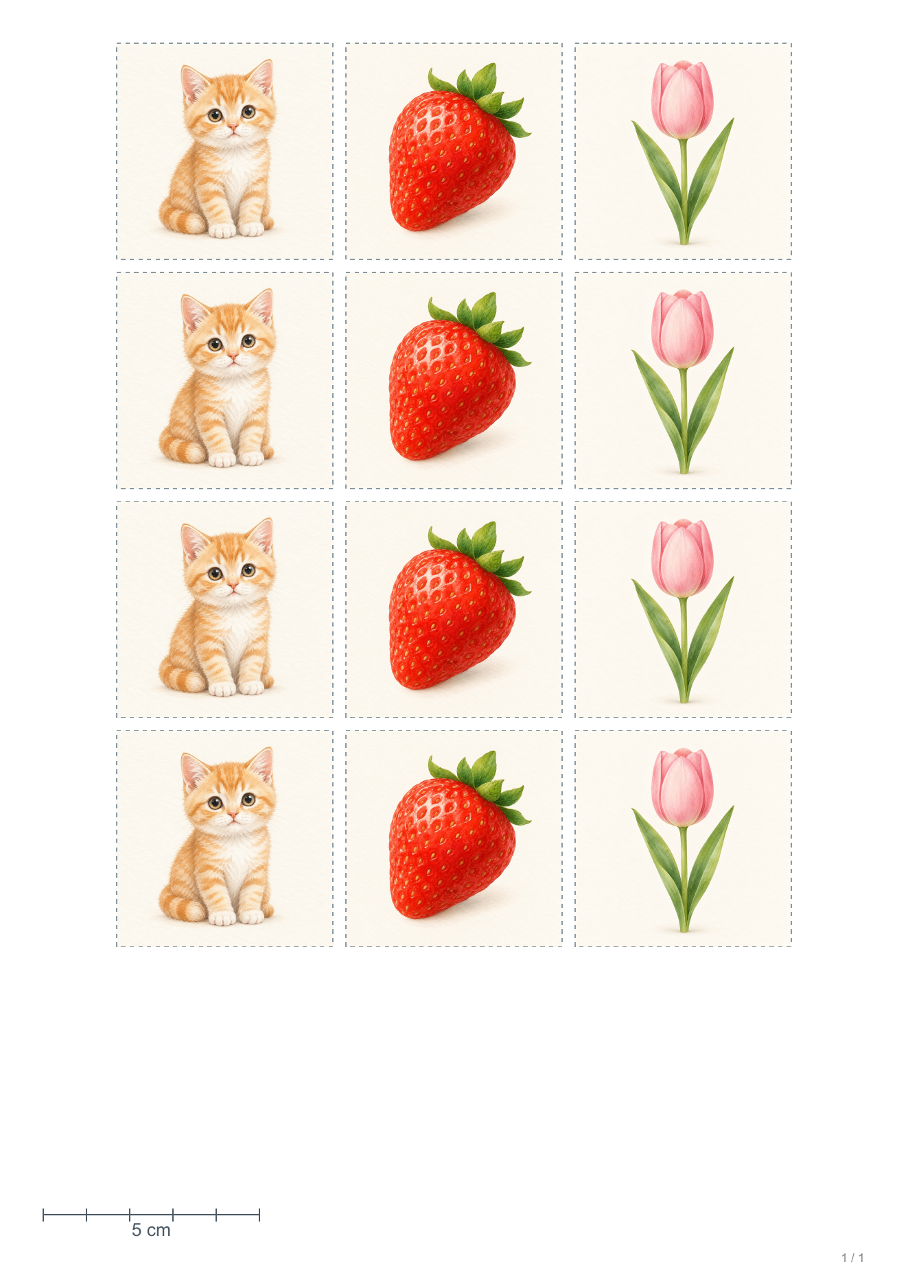 原寸ならべで保存したA4 PDF。猫・いちご・チューリップの5cm枠を各4枚と5cm確認目盛り