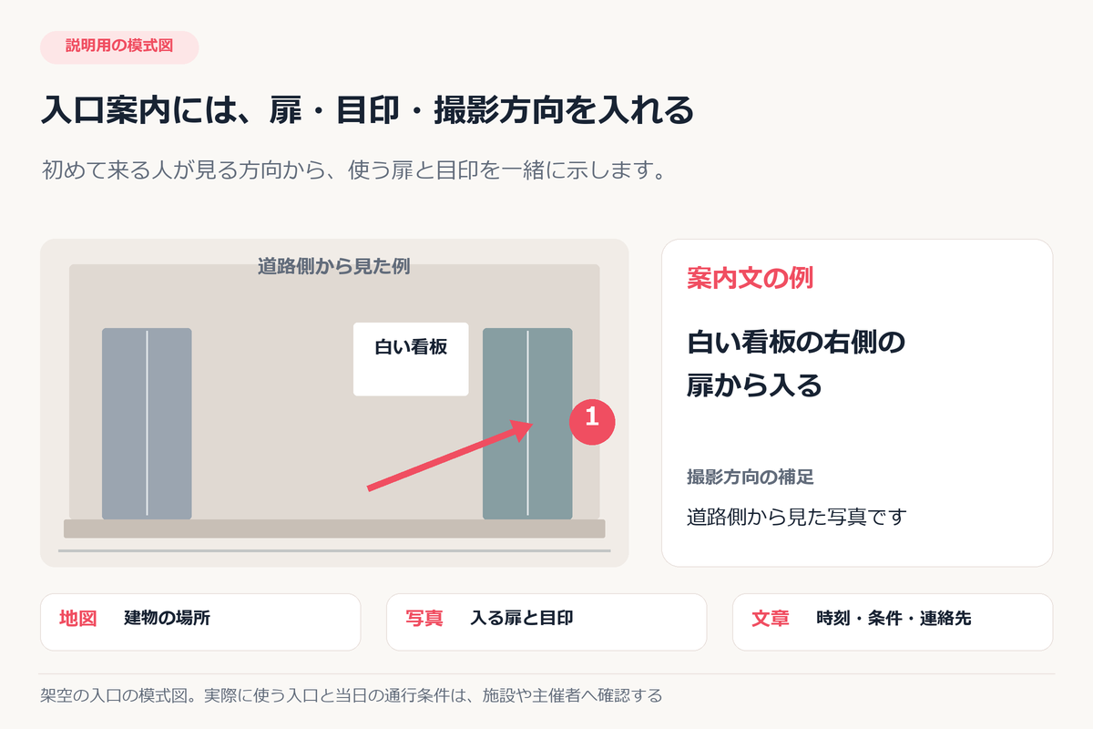 説明用の模式図。道路側から見た二つの扉のうち、白い看板の右側の扉を矢印と番号1で示す。