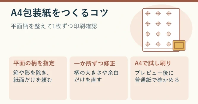 平面の柄を依頼し、部分修正してA4に試し刷りする流れを示した説明用イラスト