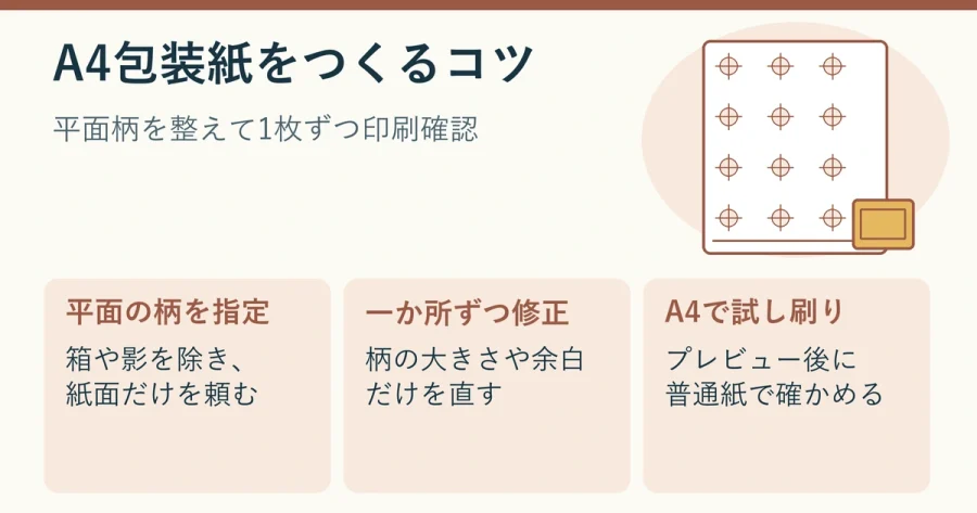 平面の柄を依頼し、部分修正してA4に試し刷りする流れを示した説明用イラスト