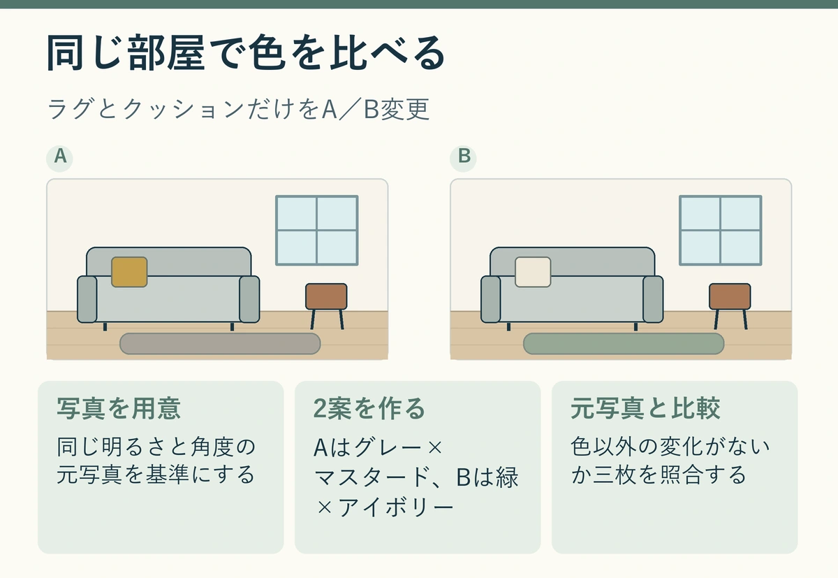 同じ部屋の模式図を左右に並べ、案Aはウォームグレーのラグとマスタードのクッション、案Bはセージグリーンのラグとアイボリーのクッションで示した比較図