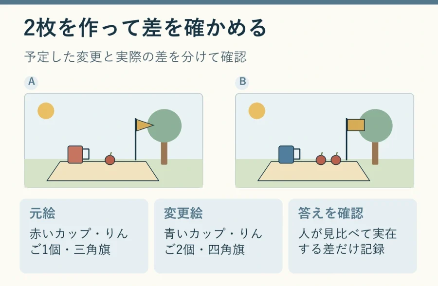 芝生とレジャーシートのシンプルなピクニック絵を左右に並べ、赤から青に変わったカップ、1個から2個に増えたりんご、三角形から四角形に変わった小さい旗を示す説明図