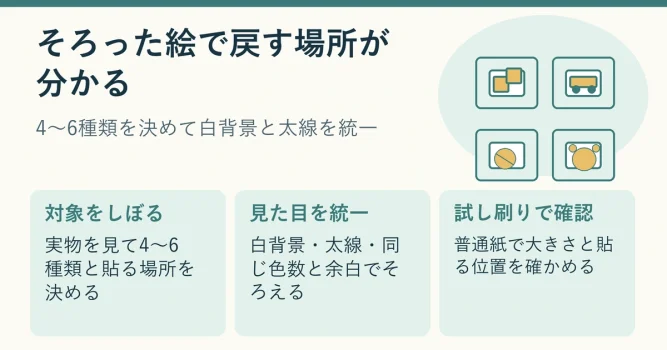 積み木・ミニカー・ぬいぐるみ・ボールの絵ラベルを同じ見た目でそろえる考え方を示す説明用イラスト