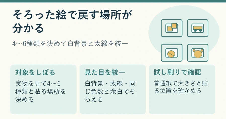 積み木・ミニカー・ぬいぐるみ・ボールの絵ラベルを同じ見た目でそろえる考え方を示す説明用イラスト