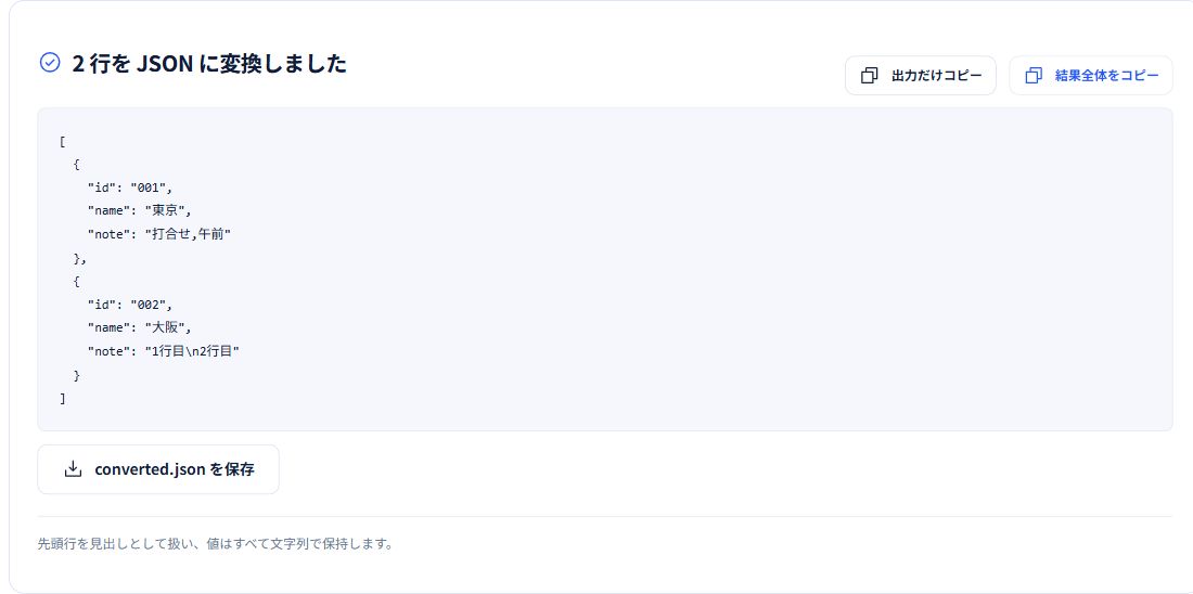 idの001と002、メモ内のカンマと改行が保持されたJSON変換結果