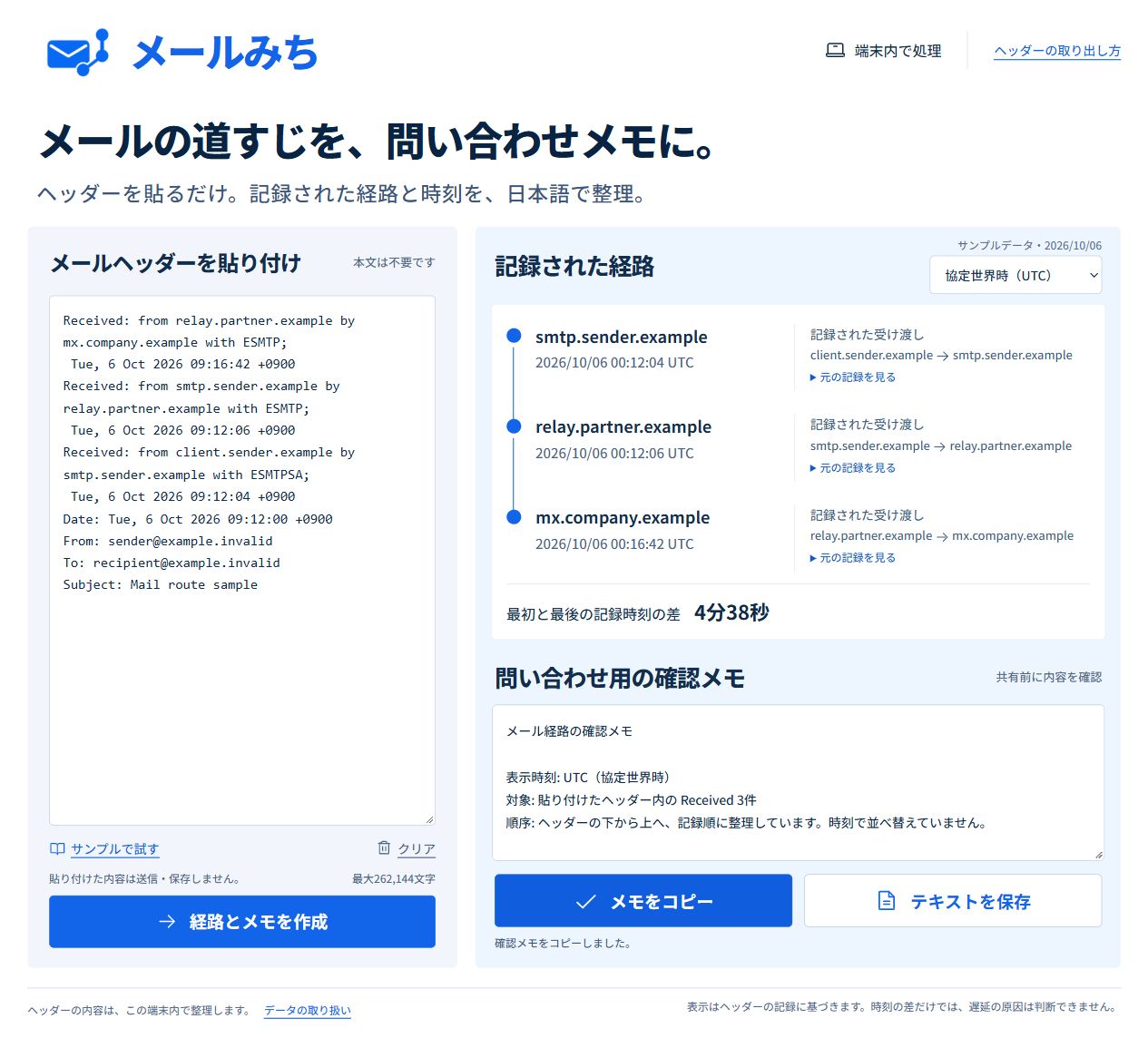 メールみちの問い合わせ用メモとコピー・テキスト保存ボタン