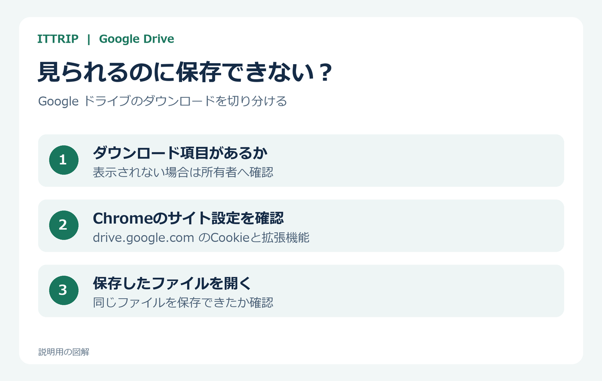 Googleドライブのダウンロード項目、所有者の制限、Cookie、拡張機能、実ファイルの確認を分ける説明図