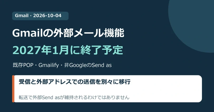 Gmailウェブの外部POP取り込み、Gmailify、非Google外部アドレスのSend asは2027年1月に終了予定。受信と送信を別々に移行し、転送だけで外部Send asは維持されないことを示す。