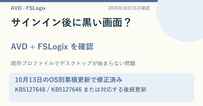 AVDとFSLogixの黒い画面は10月13日のOS別累積更新で修正済み。最新対応更新を優先し、旧更新で影響する端末だけExplorerとKIRを使う説明用図解。