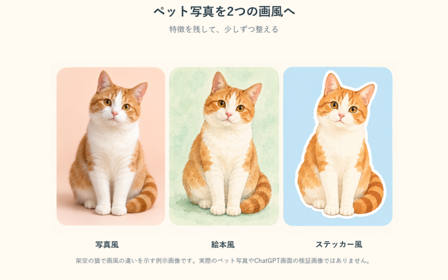 オレンジ色の縞、白い胸と白い前足、琥珀色の目を持つ架空の猫を、写真風・絵本風・ステッカー風で並べた例示画像