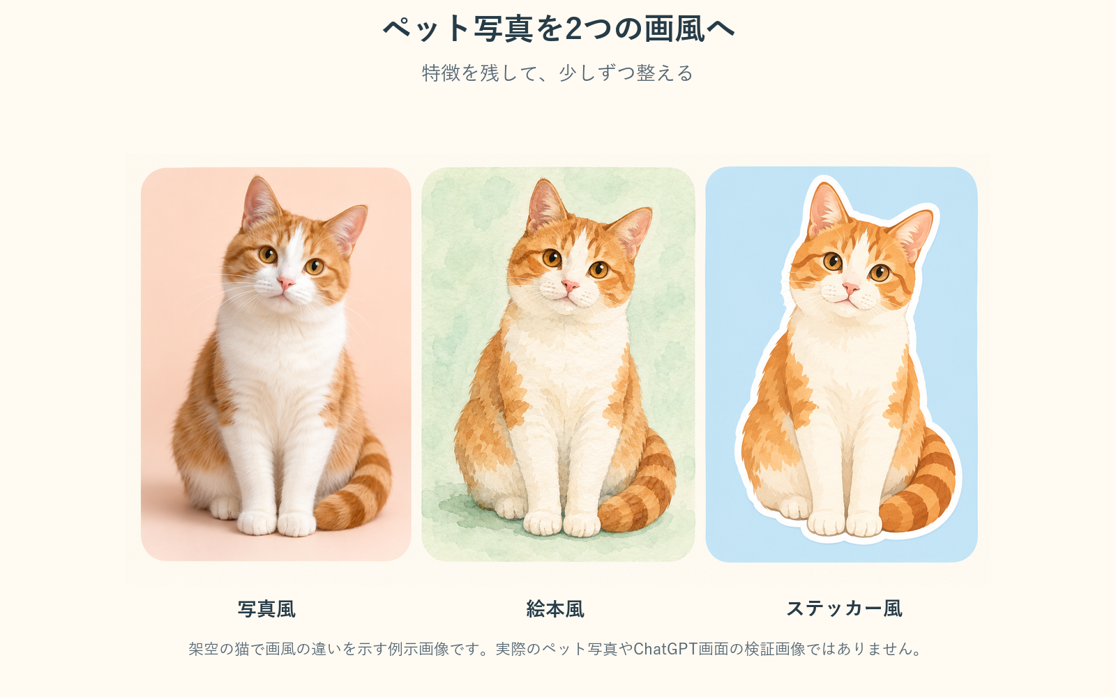 オレンジ色の縞、白い胸と白い前足、琥珀色の目を持つ架空の猫を、写真風・絵本風・ステッカー風で並べた例示画像