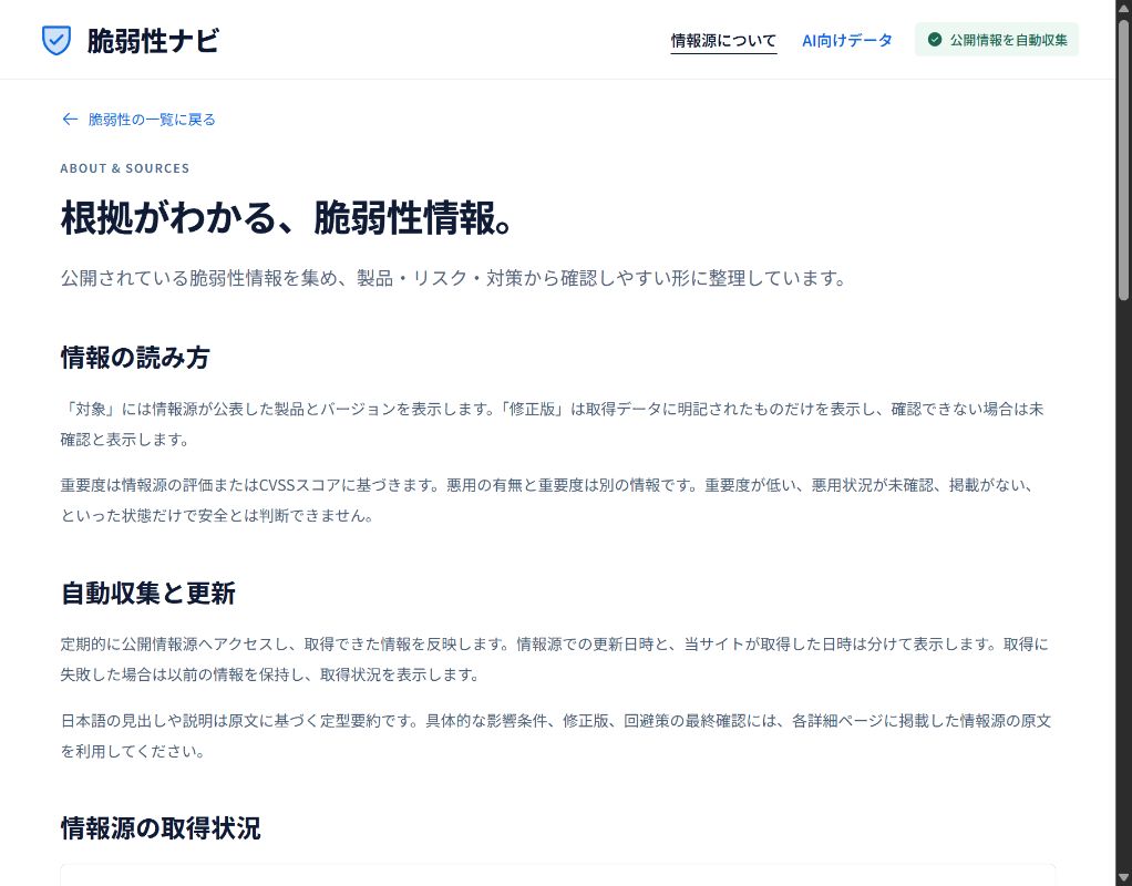 情報源ごとに取得日時と取得範囲を表示するページ