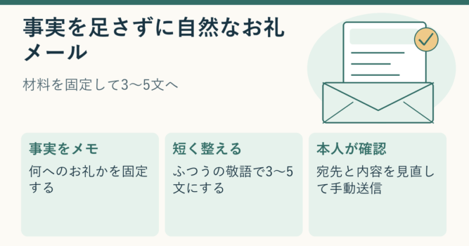 確認済みの事実をメモし、ChatGPTで3〜5文のお礼メール下書きに整え、本人が確認する流れを描いた説明用イラスト
