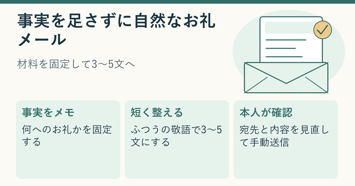 確認済みの事実をメモし、ChatGPTで3〜5文のお礼メール下書きに整え、本人が確認する流れを描いた説明用イラスト